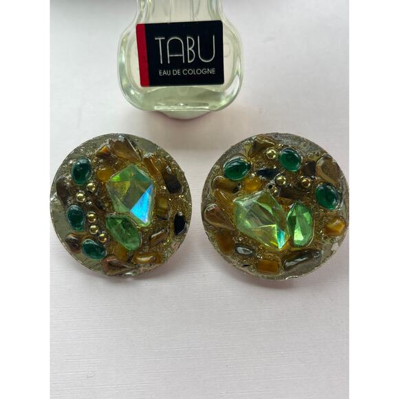 Vintage Big Button Gold Metallic & Green Crystals  Earrings 1980 - Picture 1 of 6